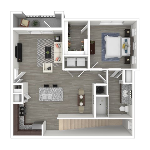 A 3D floor plan of a small apartment with a kitchen, living room, and bedroom.